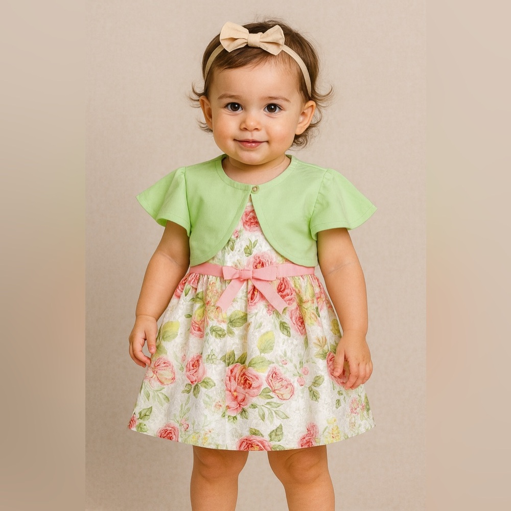 Bonnie Baby 3-Piece Floral Dress Set w/ Green Cardigan & Diaper Cover –Size 24M